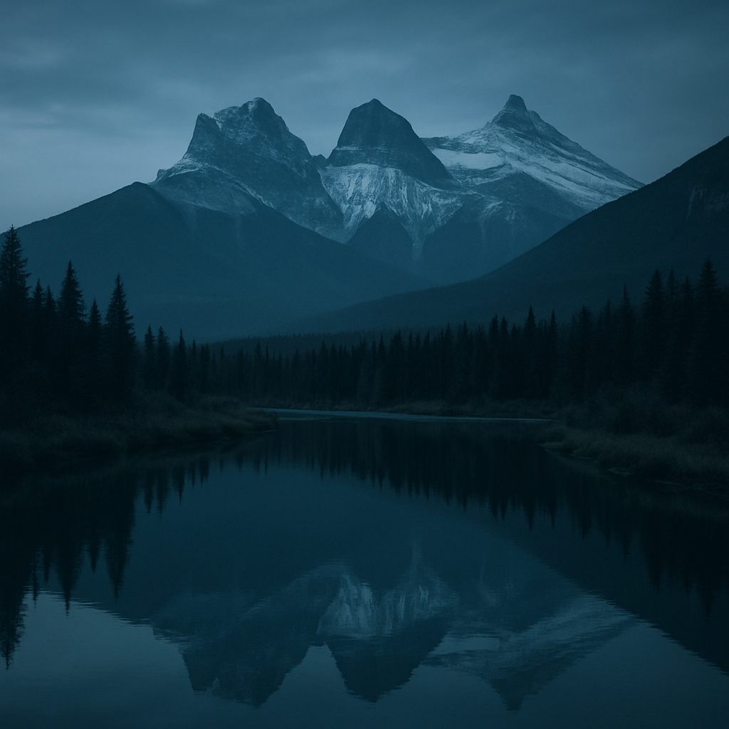 The Three Sisters peaks above Canmore at blue hour with a calm reflecting river
