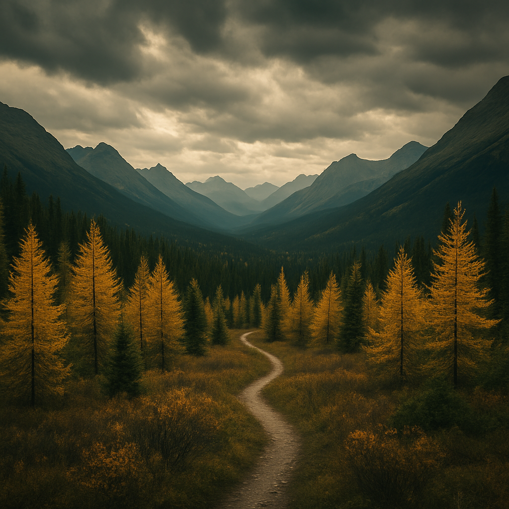 A quiet hiking trail through golden larches in a Kananaskis mountain valley