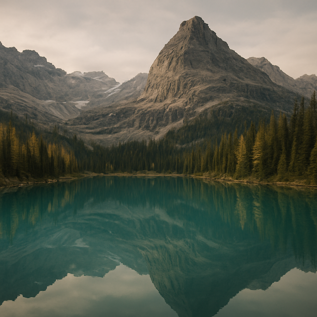 A pristine alpine lake ringed by towering peaks and larch forest in Banff National Park